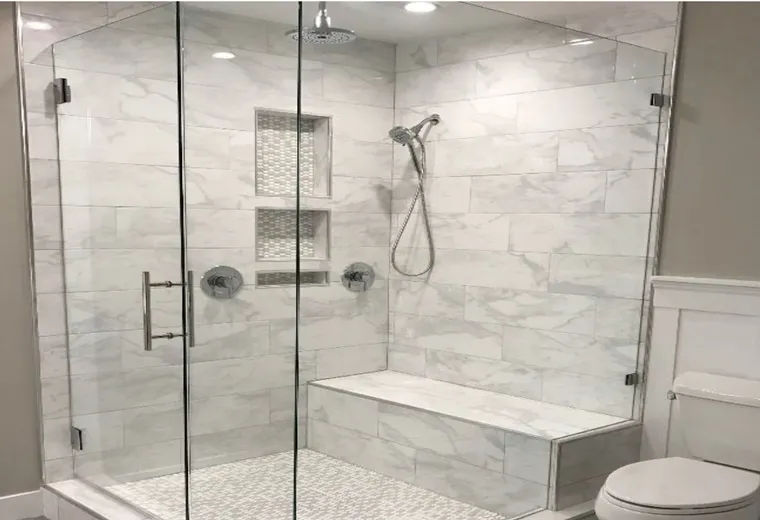 Bathroom remodel with double vanity and bright tile