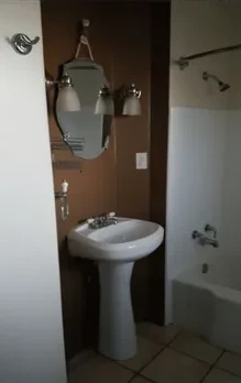 Dated bathroom with pedestal sink and brown walls before remodel